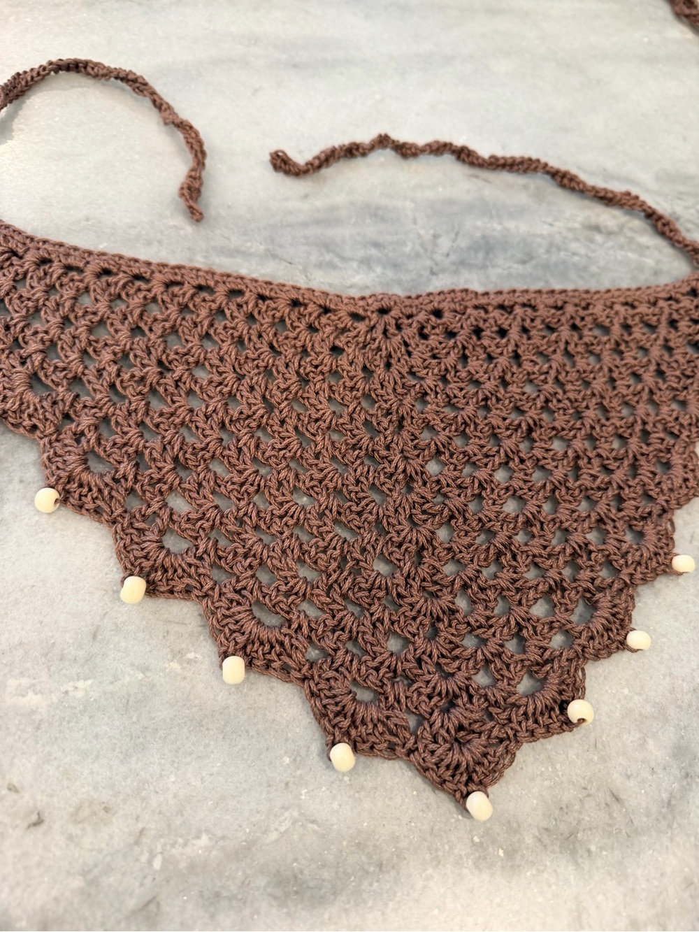 Handmade Crochet Wood Beaded Kerchief Head Scarf Cotton Boho Bandana Cottagecore
